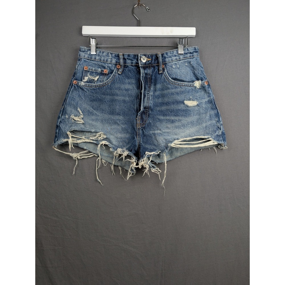 Zara Womens Distressed Denim Shorts Blue High Rise Button Fly Size 8 3886